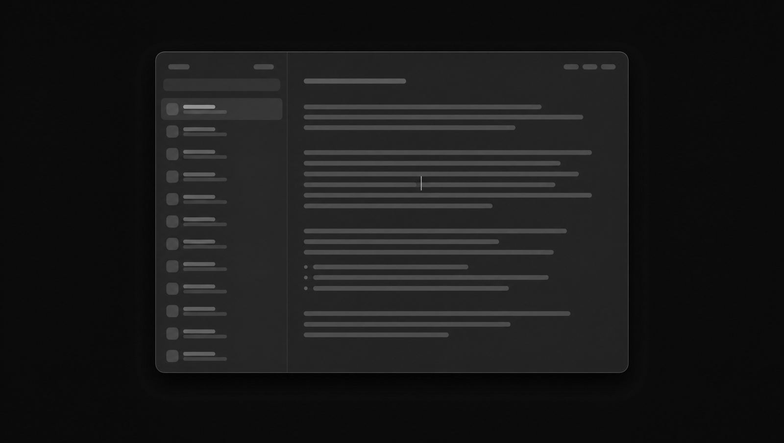 A dark app window with a narrow note list beside a wide writing area